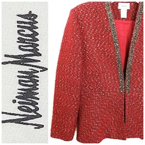 Neiman Marcus Exclusive Red Tweed W/Beads Accent Blazer